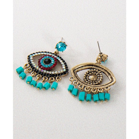 Turquoise Beaded Eye Earrings DANGLE BOHO RHINESTONE PRETTY PARTY FANCY - Picture 3 of 3